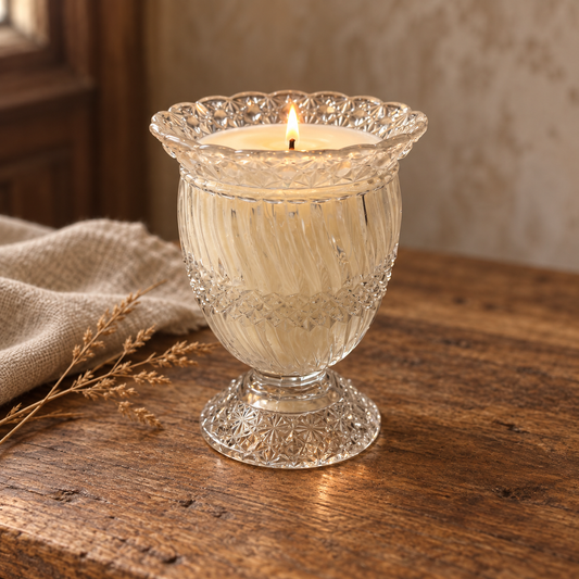 PRAIRIE HEIRLOOM CANDLE NO. 01 | VINTAGE PRESSED-GLASS PEDESTAL VESSEL