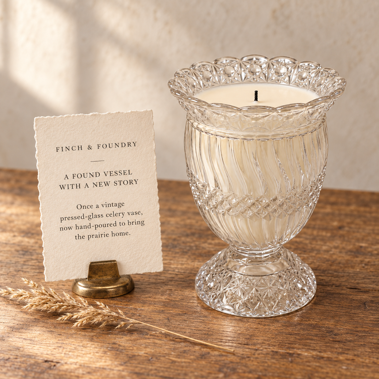 PRAIRIE HEIRLOOM CANDLE NO. 01 | VINTAGE PRESSED-GLASS PEDESTAL VESSEL